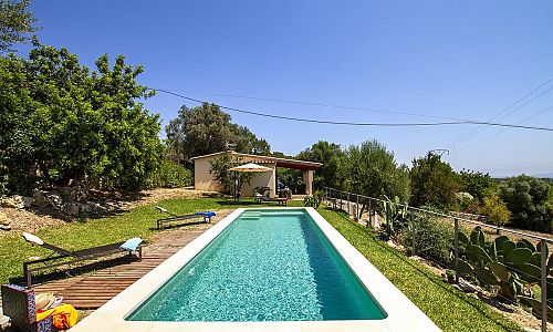 Außenbereich mit Pool und Rasen