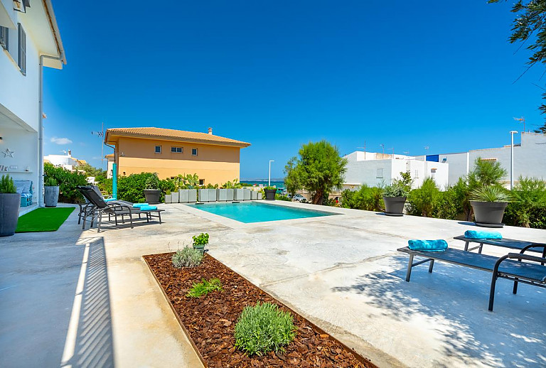Topfpflanzen und Sonnenliegen am Pool