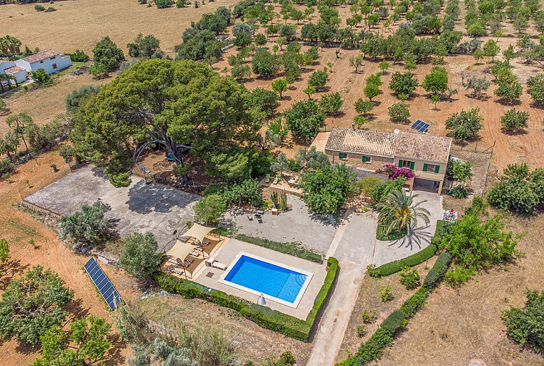 Luftaufnahme des Grundstücks und des Poolbereichs vor der Finca
