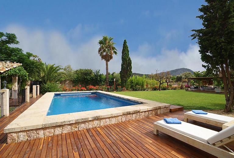 Pool Pooldeck Sonnenliegen Palme Rasen Himmel