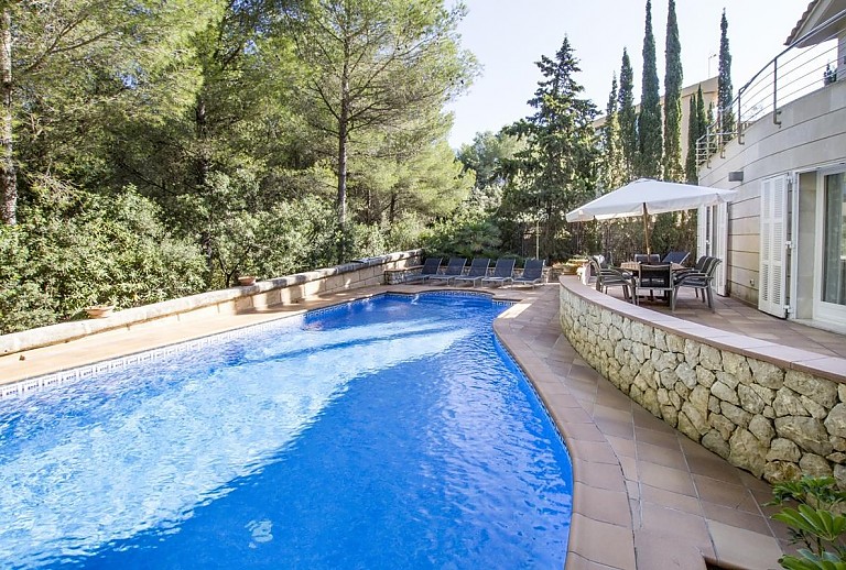 Poolbereich vor dem Ferienhaus mit Sonnenliegen und Sonnenschirm