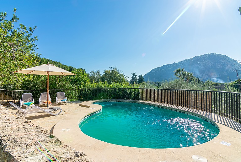 Poolbereich mit Bergblick mit Bäumen und Sonnenliegen