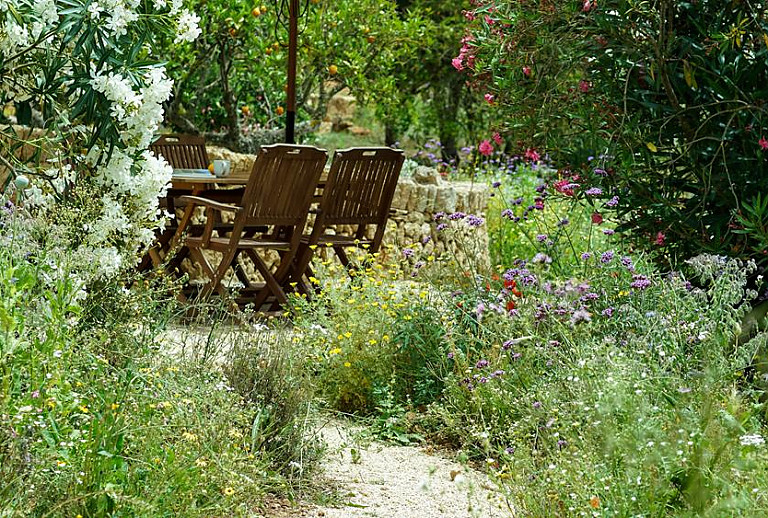 Garten mit wilden Blumen und Esstisch