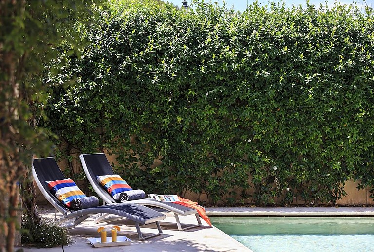 Hecke am Pool mit Sonnenliegen