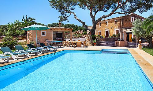 Poolbereich mit Sonnenliegen und Bäumen im Garten