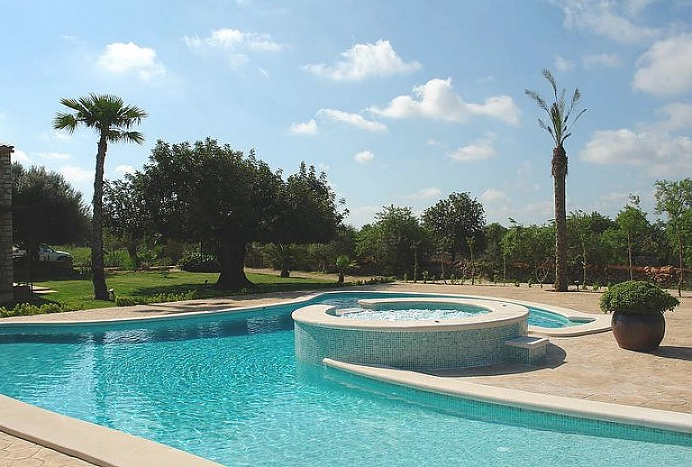 Garten mit Pool und Bäumen auf dem Rasen