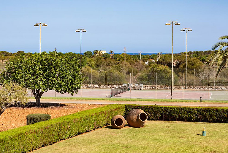 Rasen und Hecke mit Blick auf den Tennisplatz