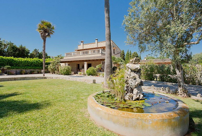 Garten mit Rasen und Palmen vor der Finca