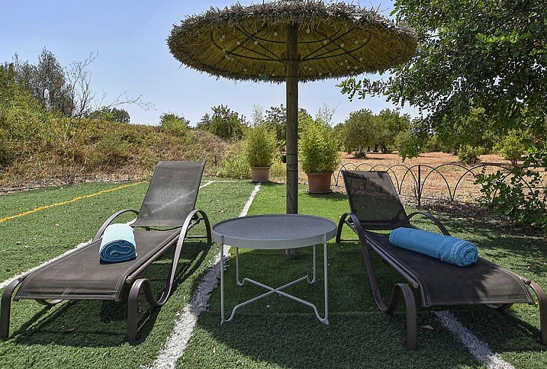 Poolliegen und Sonnenschirm im Garten