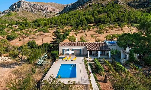 Luftaufnahme vom Grundstück mit Pool und Finca