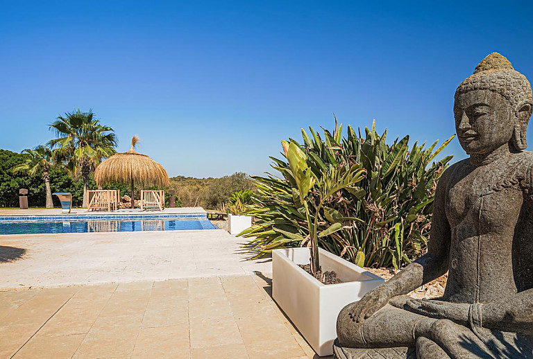 Palmen und Sonnenliegen auf der Poolterrasse