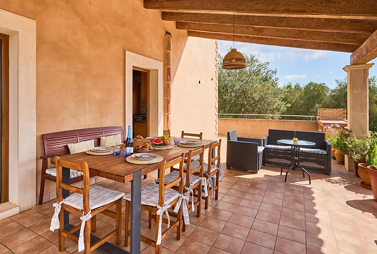 Terrasse mit Vordach und Esstisch