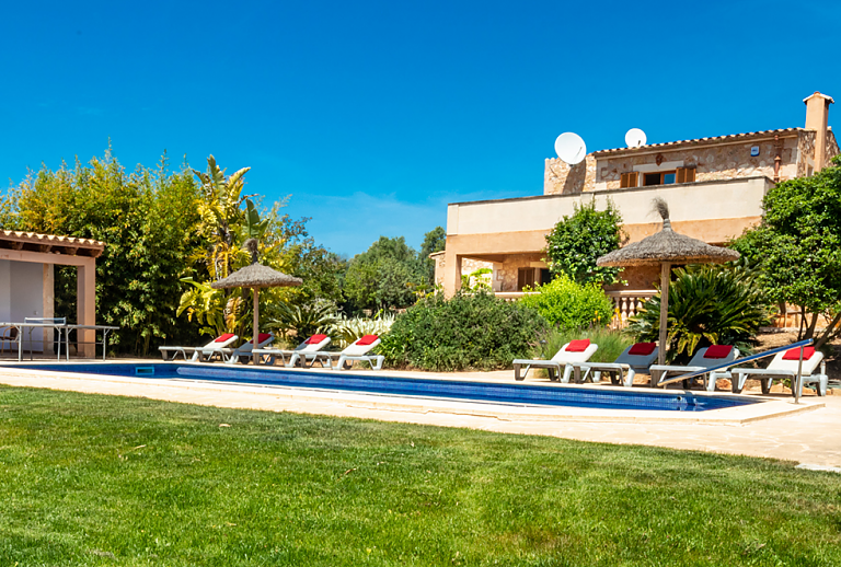 Rasen am Pool mit Sonnenliegen und Sonnenschirm