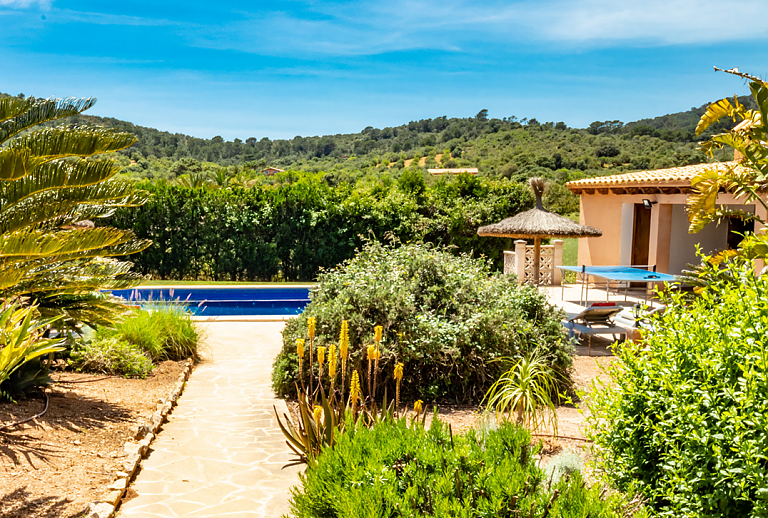 Garten mit Büschen und Weg zum Pool