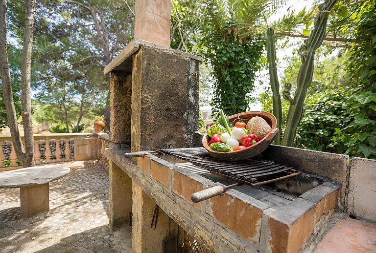 gemauerter Grill unter Bäumen