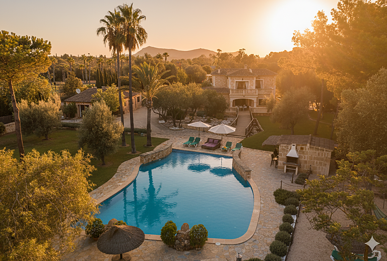 Garten mit Rasen und Pool im Abendlicht