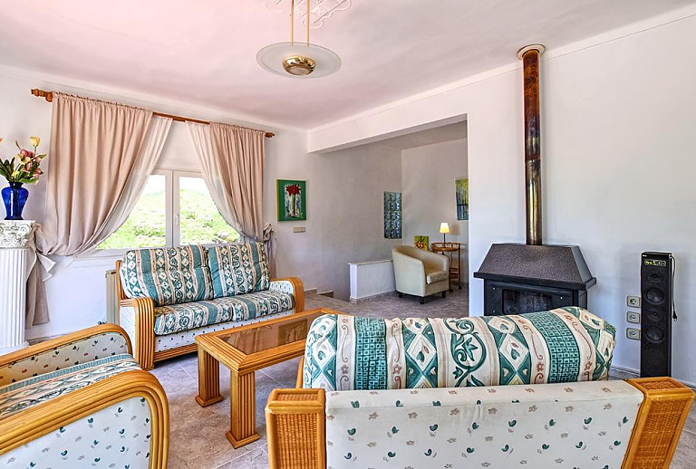 Wohnzimmer mit Kamin und Couch
